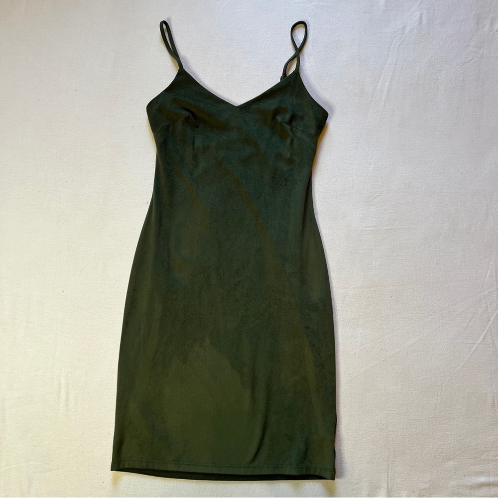Green Fitted Midi Dress‎ Faux Suede Adjustable Straps Small